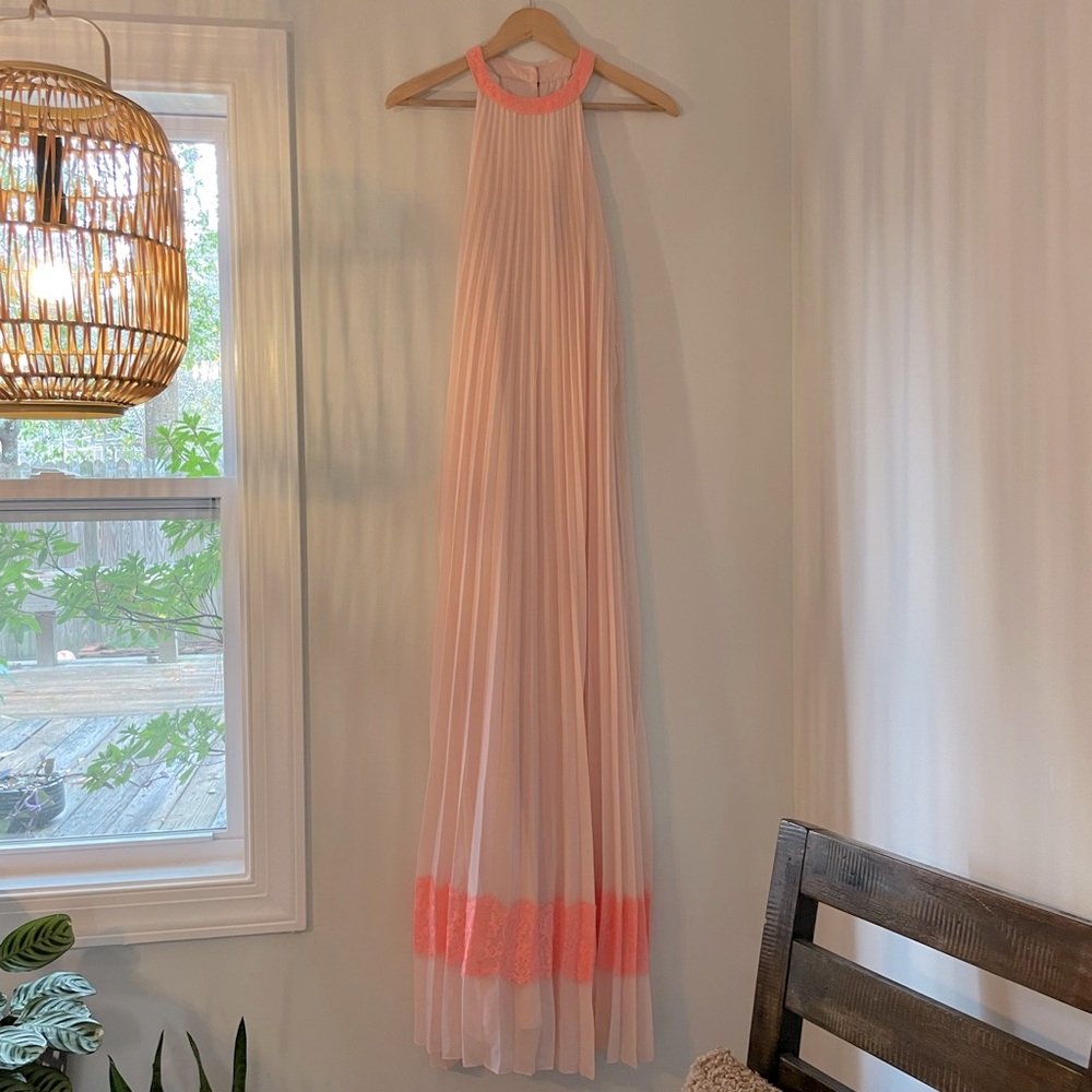Ted Baker Peachy Silk Pleated High-Neck Flowing Gown